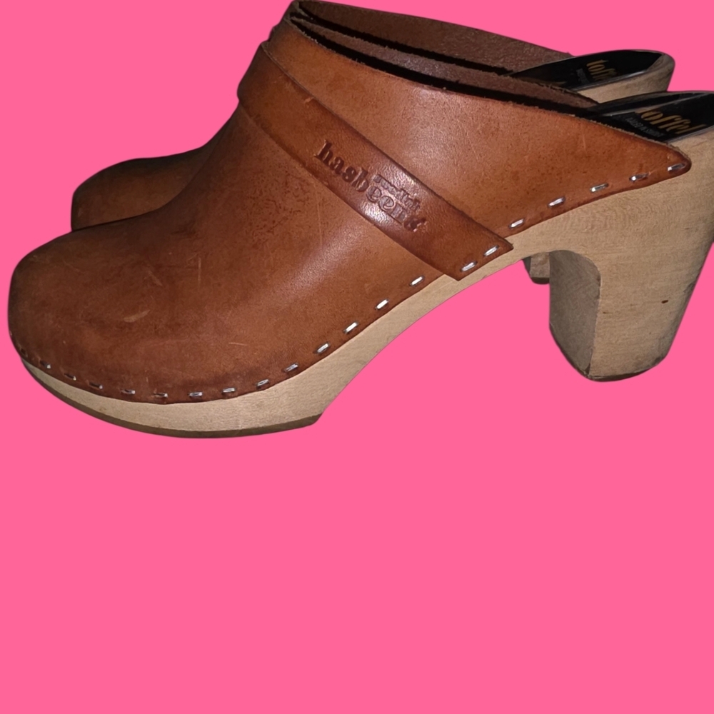 Swedish Hasbeens Brown Leather Clogs - Picture 4 of 5